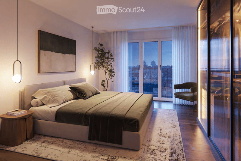 Modern bedroom with a large bed, nightstand, pendant lights, artwork, and a view of a balcony through large windows.