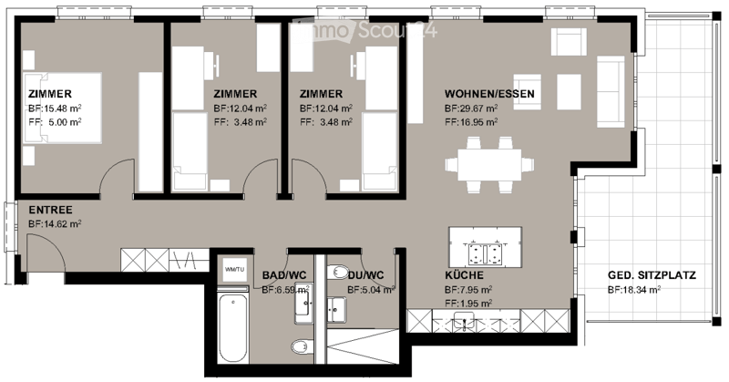 Floor plan showing three bedrooms, a living/dining area, a kitchen, a bathroom, and a WC.