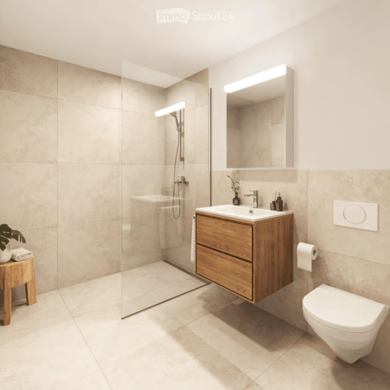 Modern bathroom with a glass-enclosed shower, wooden vanity cabinet, sink, mirror, toilet, and a small plant on a stool.