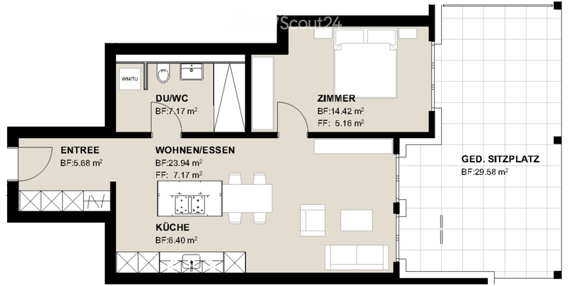 Floor plan showing a living/dining area, kitchen, bedroom, bathroom, and outdoor seating area.