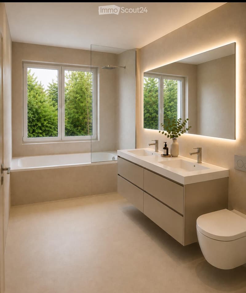 Modern bathroom with a bathtub, double sink, toilet, large mirror, and a vase on the sink counter. The room features large windows with a view of greenery outside.