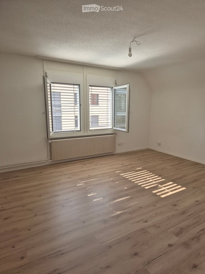 Empty room with wooden flooring, white walls, and large windows with blinds. A radiator is visible under the windows.