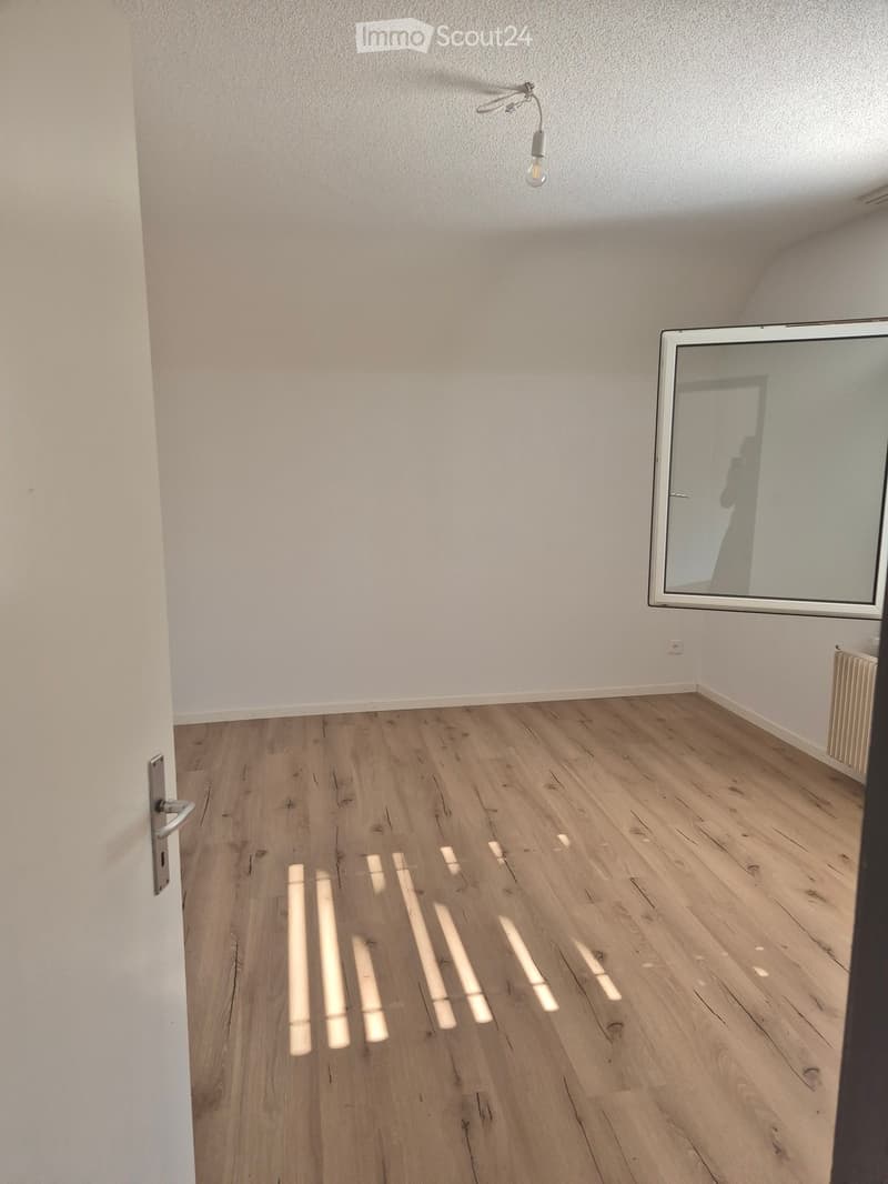 Empty room with light wooden flooring and white walls, featuring a single wall-mounted light fixture and a large mirror on one wall.