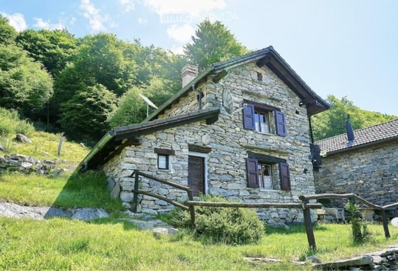 Stone house with a raised ground floor, surrounded by greenery and trees.