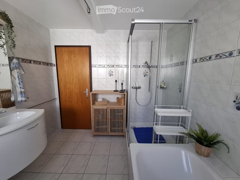 Modern bathroom with a bathtub, sink, mirror, wooden cabinet, shower, towel rack, and a small plant on the floor.