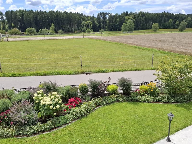 Well-maintained garden with a variety of flowers, shrubs, and a neatly trimmed lawn. A gravel driveway leads to a fenced area with open fields and trees in the background.
