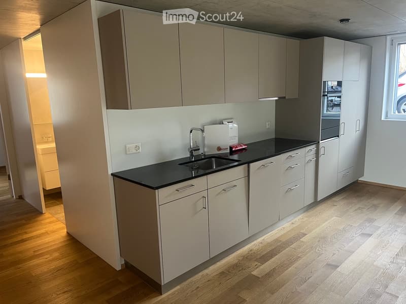 Modern kitchen with light wood cabinets, black countertop, and a sink with a faucet. The floor is made of light wood planks.