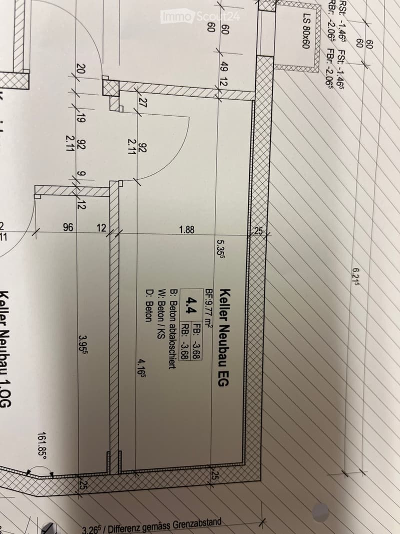 Floor plan of a basement (Keller Neubau EG) showing dimensions, wall thicknesses, and material specifications.