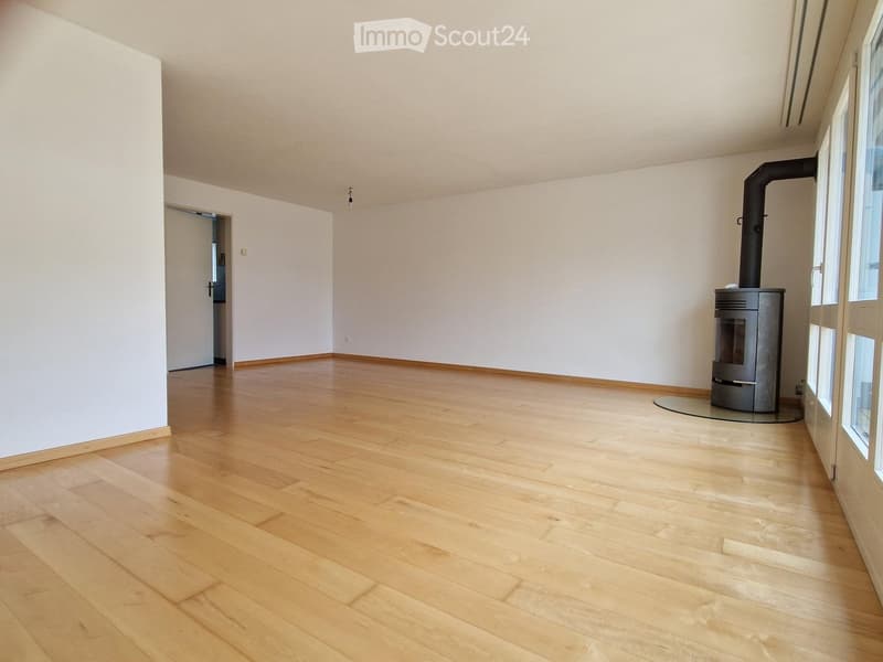 Empty room with light wooden flooring, white walls, and a modern wood-burning stove in the corner.