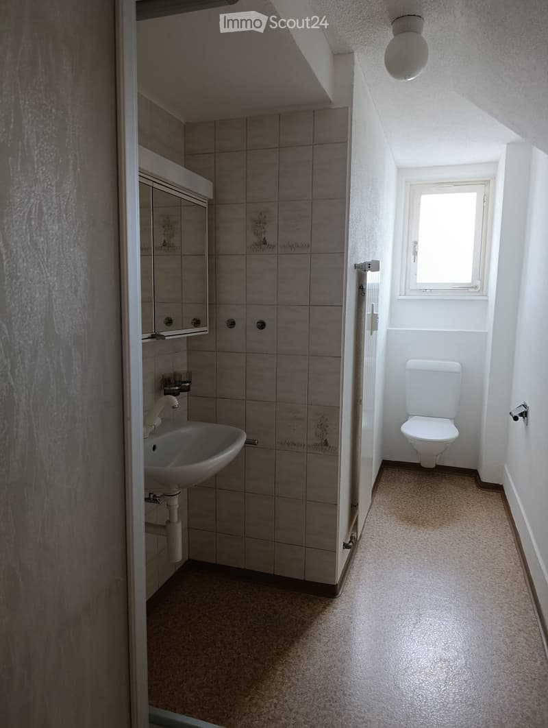 Small bathroom with beige tiled walls, a white sink, a toilet, a mirror, and a radiator. The floor is carpeted, and there is a window allowing natural light.