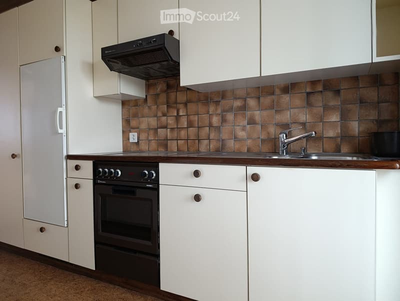 Modern kitchen with white cabinets, wooden countertops, stainless steel sink, and built-in oven.