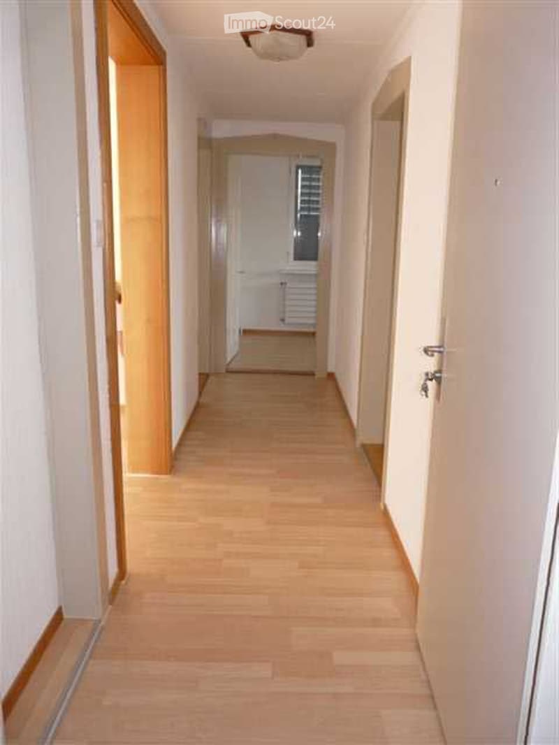 A long, narrow hallway with light wooden flooring, white walls, and several doors on both sides. The hallway leads to an open area with a visible radiator and a window with blinds.