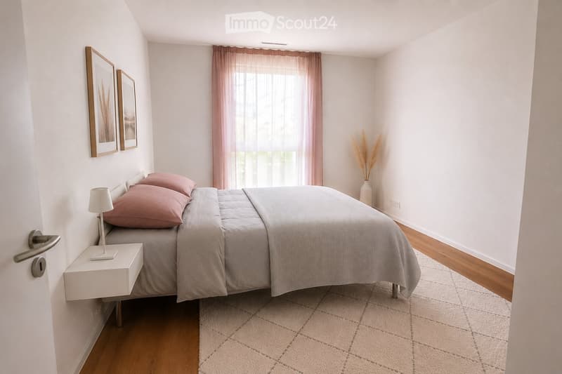 Modern bedroom with a grey bed, pink pillows, white nightstand, lamp, and decorative vase on the floor. Light pink curtains cover the window, and two picture frames are mounted on the wall.