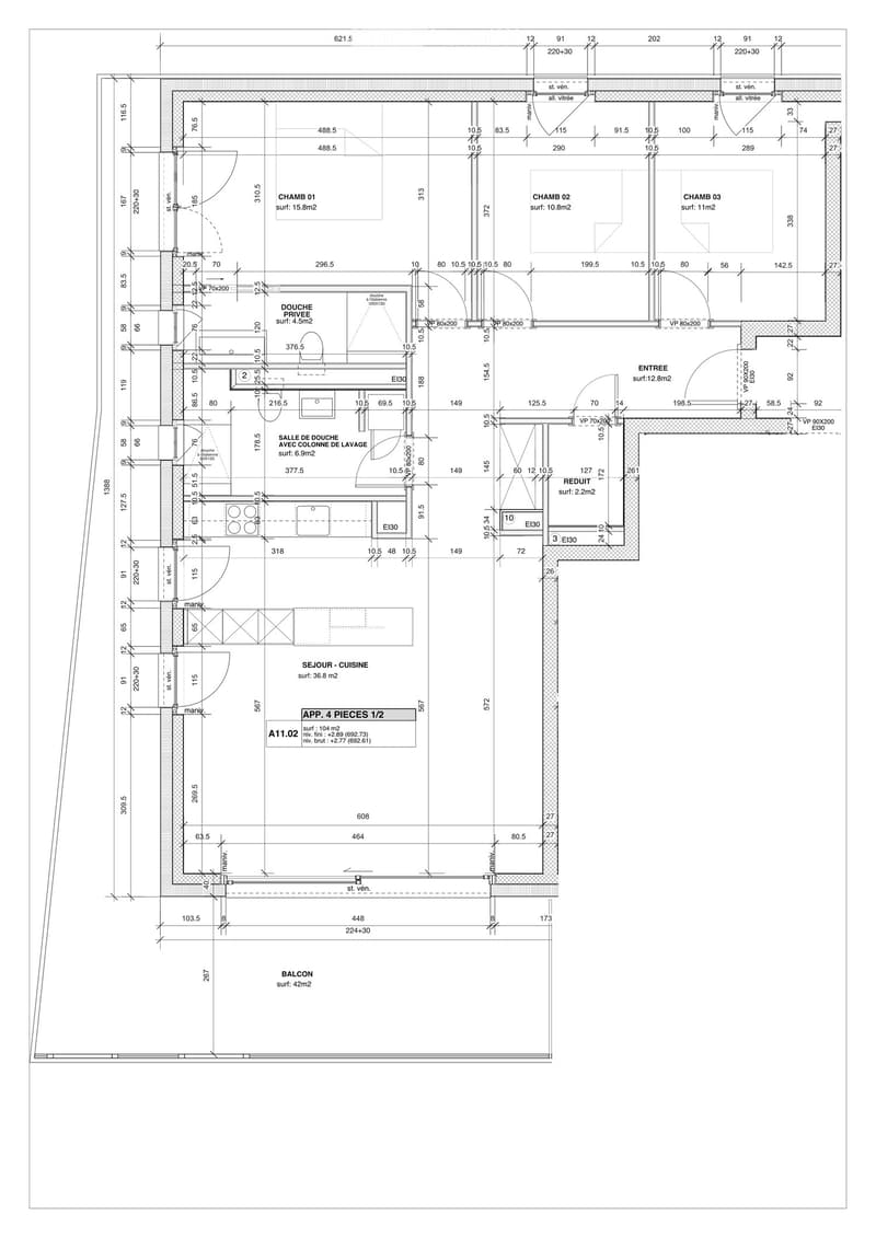 Floor plan of a 4-piece1/2 apartment with labeled rooms including entrance, living room, kitchen, bedrooms, bathrooms, and a balcony.