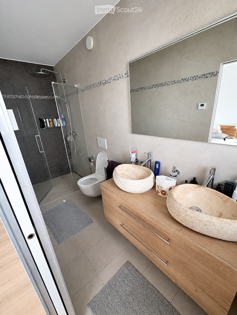Modern bathroom with a wooden vanity, two stone sinks, a large mirror, a toilet, and a glass-enclosed shower with a dark tiled wall.