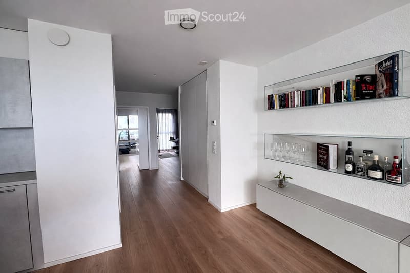 Modern hallway with light wooden flooring, white walls, built-in glass shelves displaying books, wine glasses, and decorative items, and recessed lighting.
