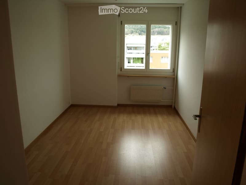Empty hallway with wooden flooring, white walls, a window with a view, a radiator, and a door handle visible.