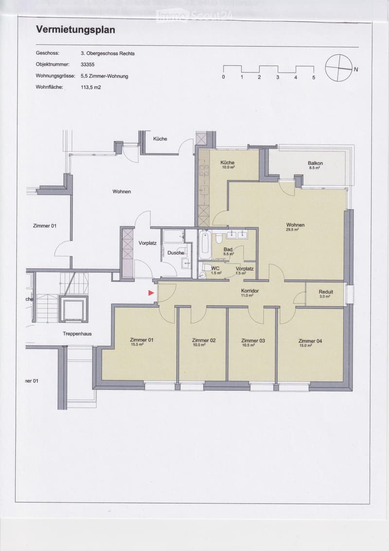Floor plan of a 5.5-room apartment with113.5 m² total area, featuring a kitchen, living area, four bedrooms, bathroom, hallway, and balcony.