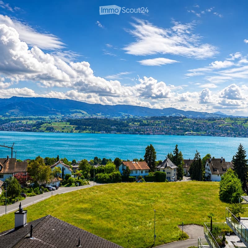 A panoramic view of a town with houses, a lake, and mountains in the background under a clear blue sky.