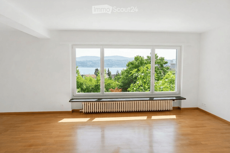 Empty room with wooden flooring, large windows offering a scenic view of a lake and mountains, radiator below the windows, and a small black bench or shelf.