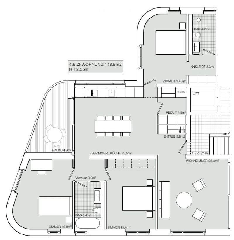 Floor plan of a 4.5-room apartment with 118.5 m² living space, including a living room, kitchen, 2 bedrooms, 2 bathrooms, hallway, and balcony.