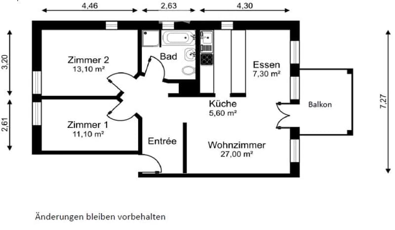 Floor plan of an apartment with a living room, kitchen, two bedrooms, bathroom, and balcony.