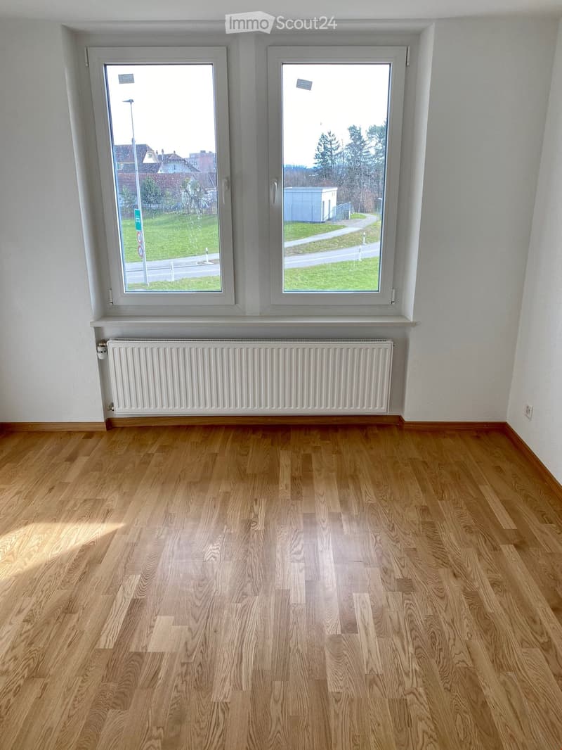 empty room, white walls, wooden floor, white radiator, two large windows, grass view