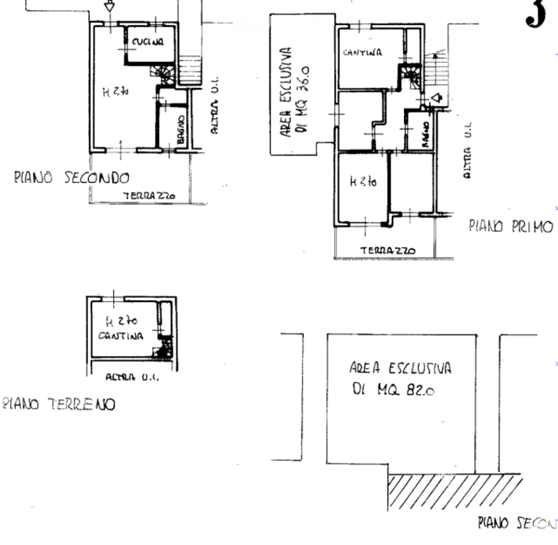 Floor plan showing three levels: ground floor with a single room, first floor with a living room and kitchen, and second floor with a bedroom and bathroom.