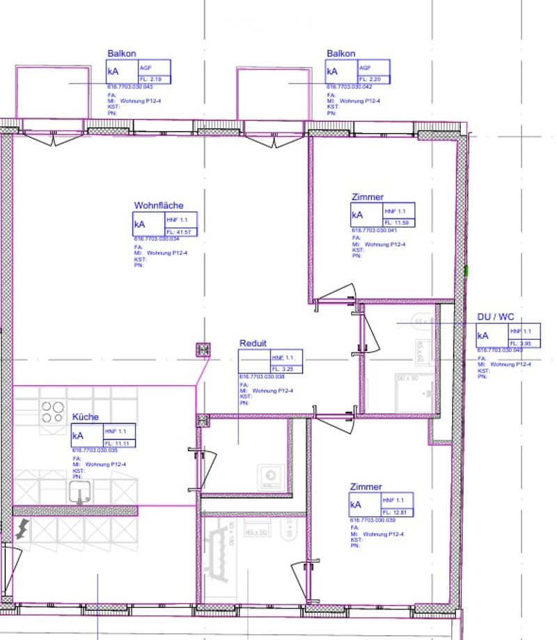 Floor plan of a residential unit showing a living area, kitchen, bedroom, bathroom, and two balconies.