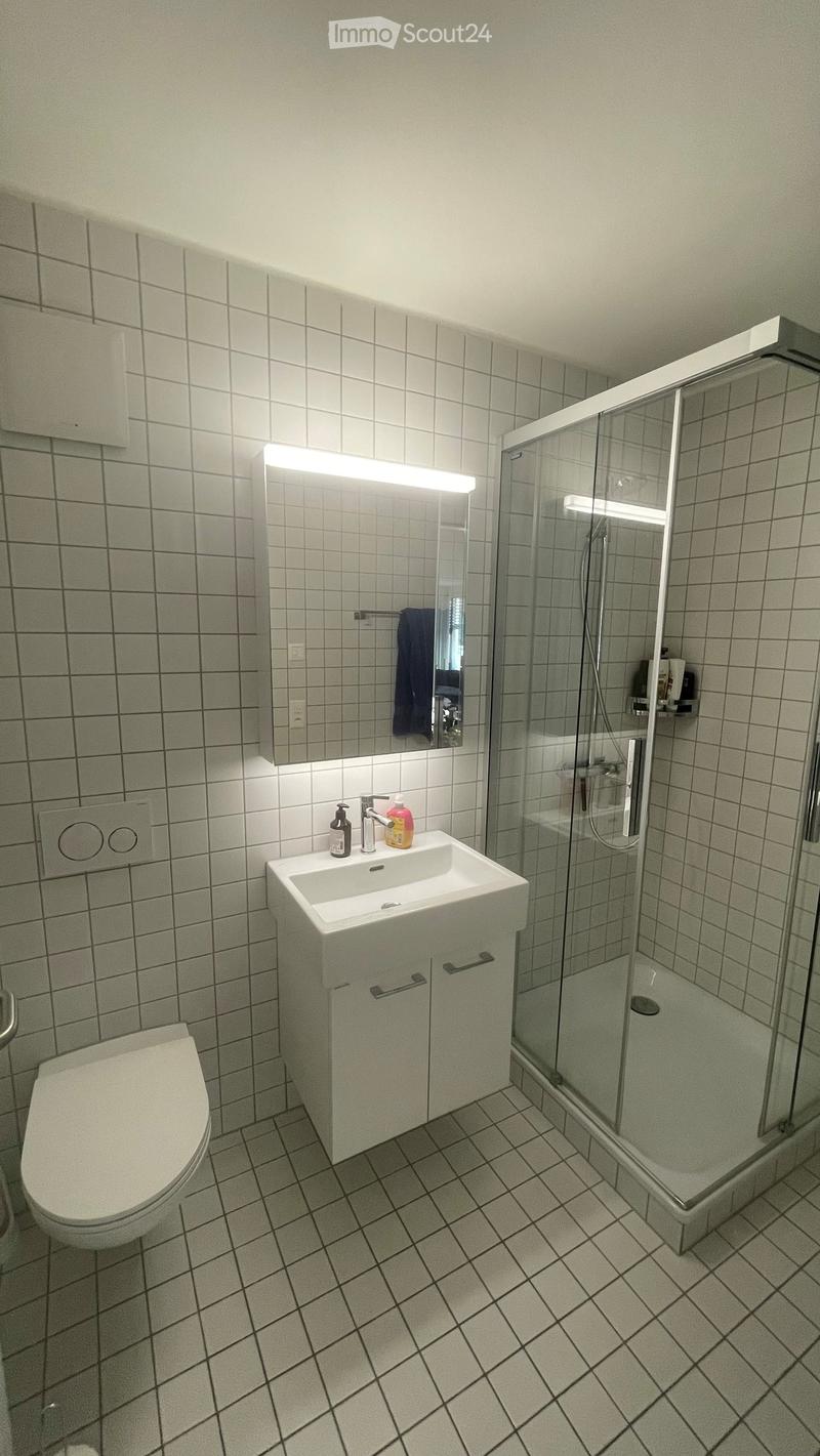 Modern bathroom with white tiled walls and floor, featuring a toilet, sink with mirror, and a glass-enclosed shower stall.