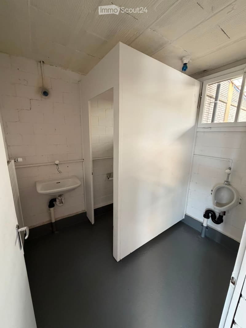 Bathroom with a sink, urinal, and exposed brick walls. The floor is black, and the ceiling is white with visible beams.