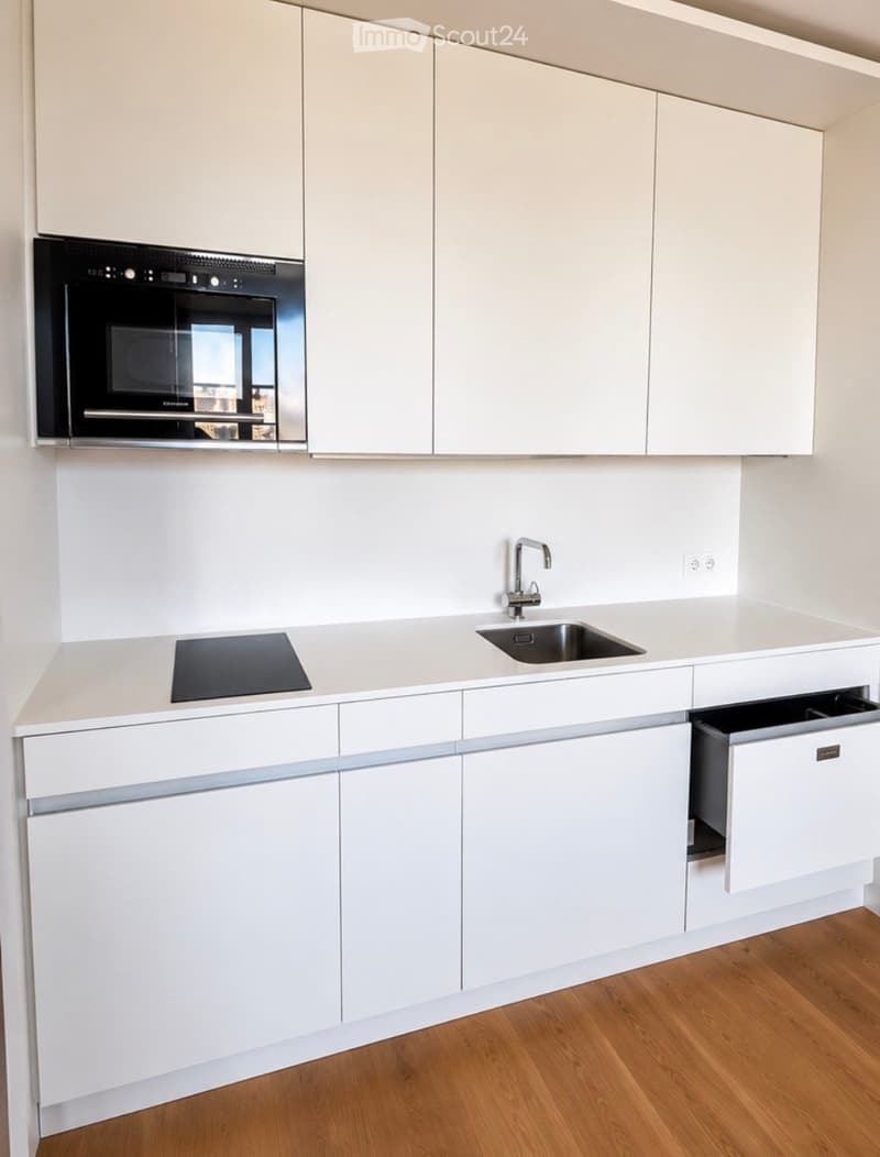Modern kitchen with white cabinets, a stainless steel sink, a built-in oven, and a countertop with a built-in induction cooktop.