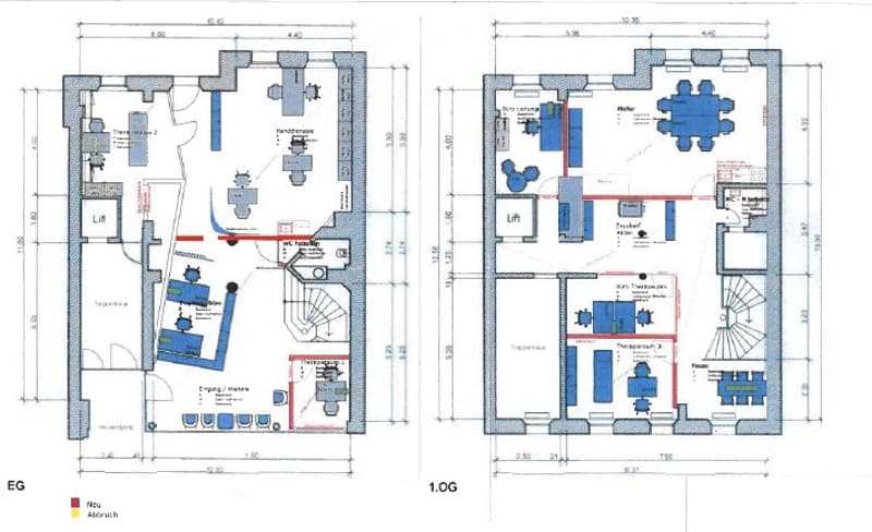 Floor plan of a building with multiple rooms, including offices, meeting rooms, and a reception area. The layout includes a staircase connecting two floors.