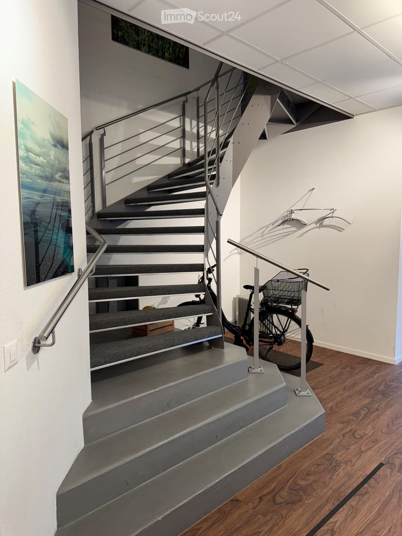 concrete stairs, metal handrail, wooden floor, white wall, painting, bicycle, radiator
