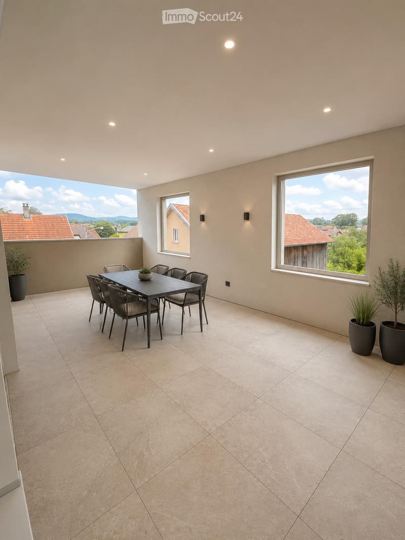 Balcony with tiled floor, large windows, dining table with chairs, and potted plants.
