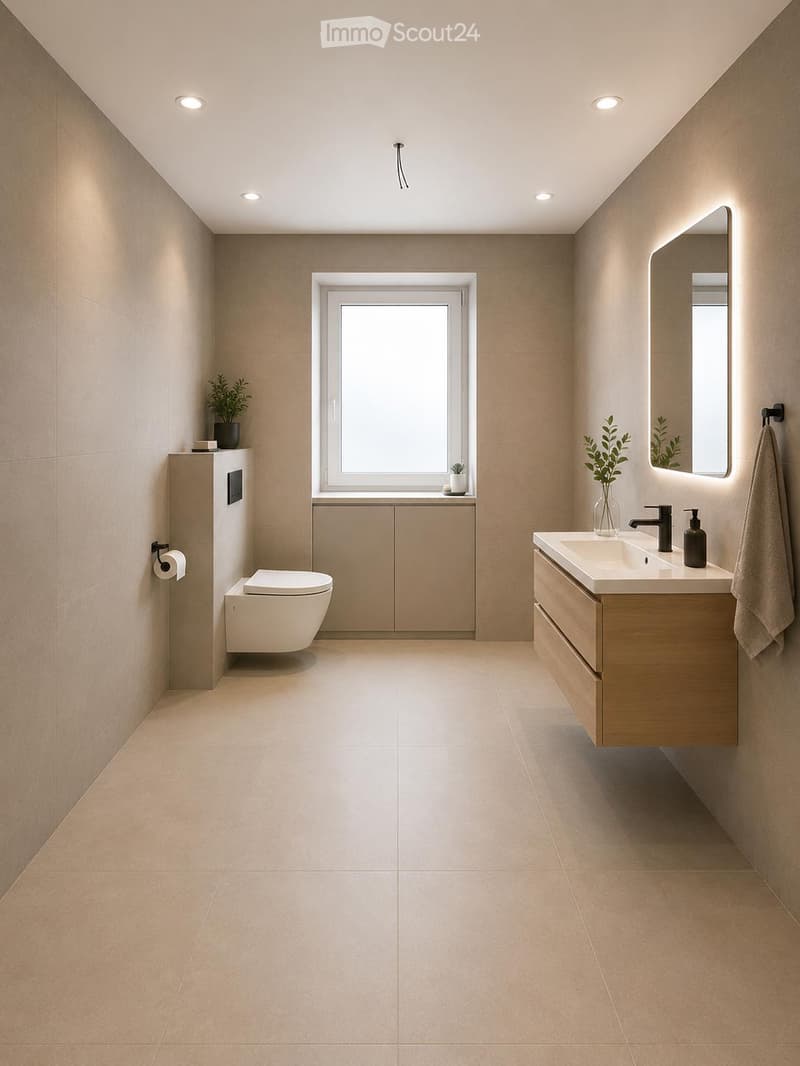 Modern bathroom with beige tiles, a floating sink with a mirror, a toilet, and a small cabinet. Features recessed lighting and a window providing natural light.