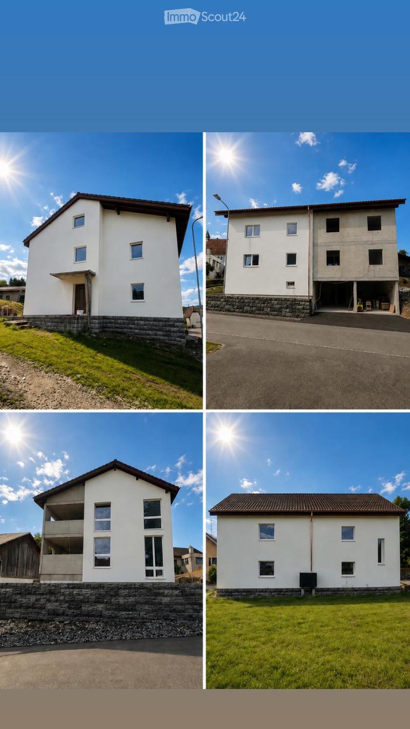 Four images of modern houses with white walls, various window configurations, stone bases, and different roof styles under a clear blue sky.