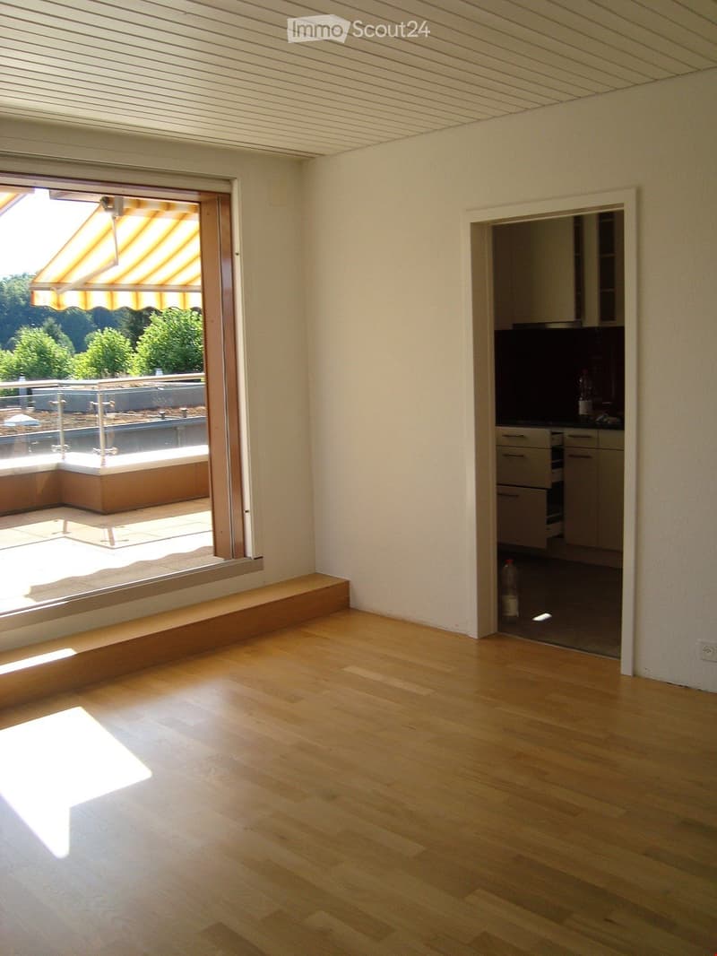 Empty room with light wooden flooring, white walls, and large windows leading to a balcony area with outdoor seating and a view of greenery.