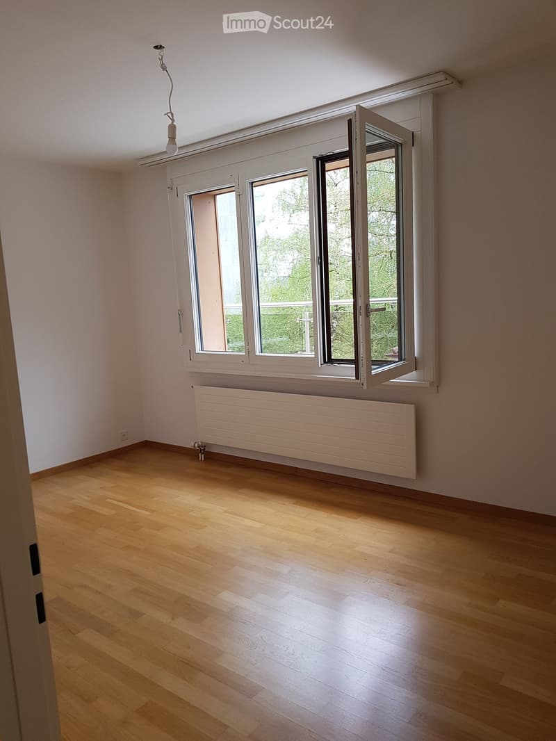 Empty room with wooden flooring, white walls, large windows with open shutters, radiator, and a hanging light fixture.