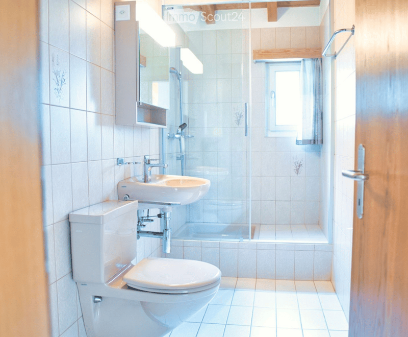 Modern bathroom with white tiles, a toilet, a sink with a mirror, and a glass-enclosed shower area.