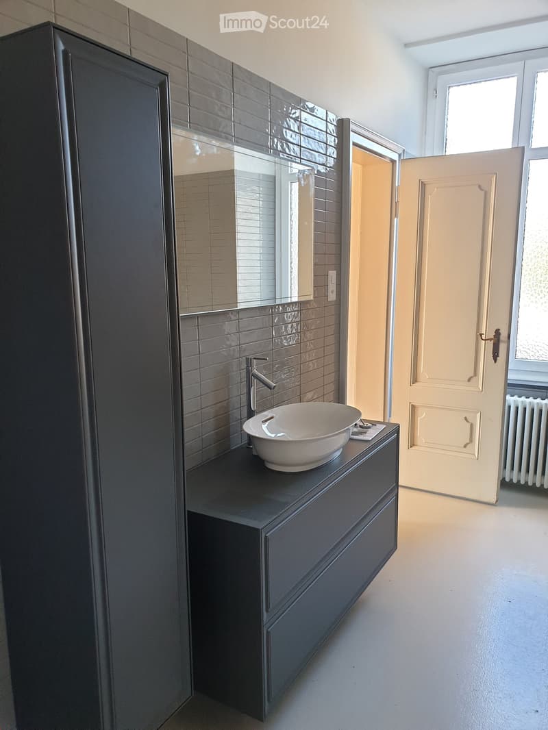 Modern bathroom with a dark grey cabinet, white sink, and large mirror. The room features grey tiled walls and a white door leading to another space.