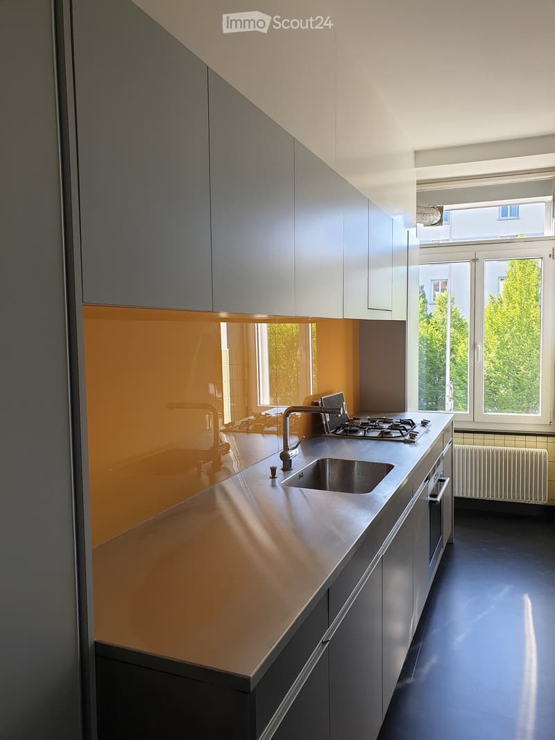 Modern kitchen with sleek, grey cabinets, a stainless steel countertop, a sink, a gas stove, and a radiator. The space features large windows with a view of greenery outside.