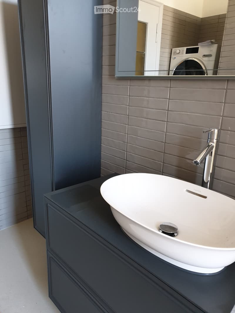Modern bathroom with a white sink, chrome faucet, dark grey cabinet, and a large mirror above the sink. A washing machine is visible in the reflection of the mirror.