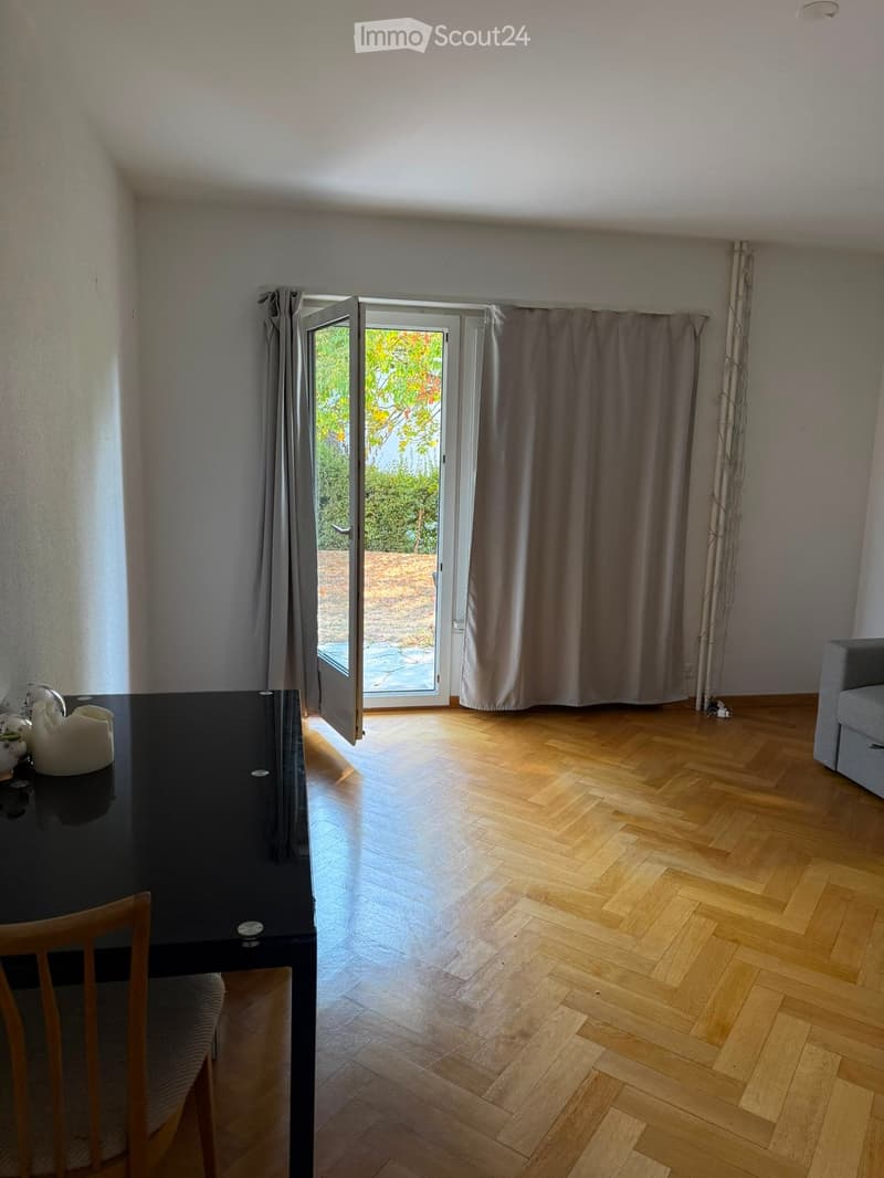 A modern, well-lit room with wooden flooring, a black dining table with a chair, a grey sofa, and an open sliding door leading to a balcony or outdoor area.