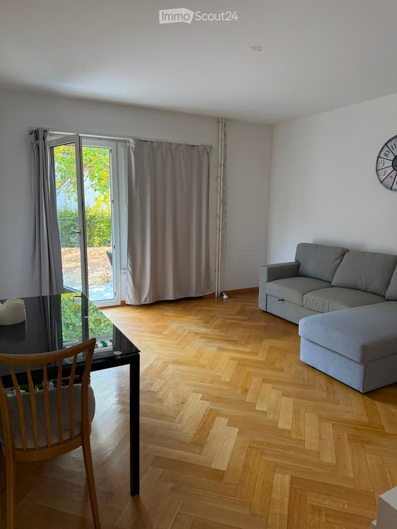 Living room with wooden herringbone flooring, grey sofa, wooden chair, black table, and a wall-mounted clock.
