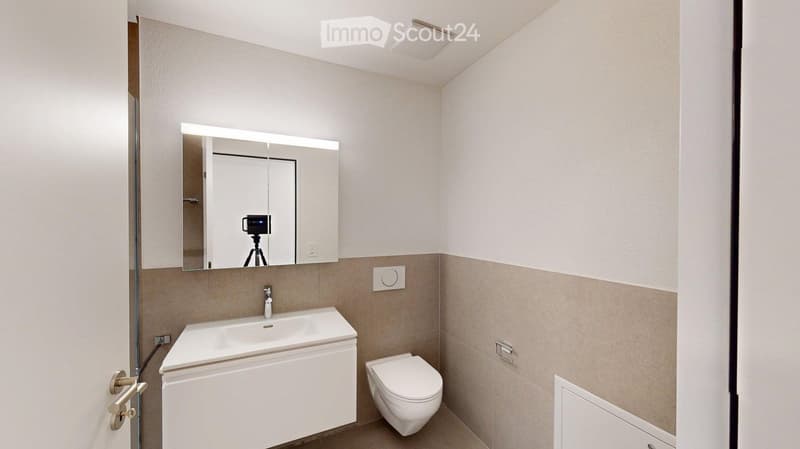 Modern bathroom with a white sink, toilet, and a large mirror with built-in lighting. The walls are painted in a light beige color with a darker lower section.