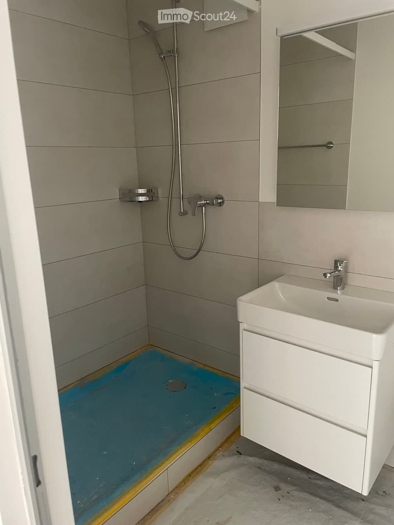 Modern bathroom with a white sink, mirror, and a shower area with a blue shower tray and a handheld shower hose.