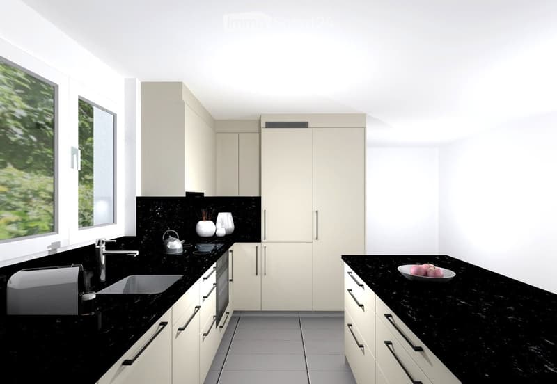Modern kitchen with white cabinets, black countertops, stainless steel sink, and decorative vases.