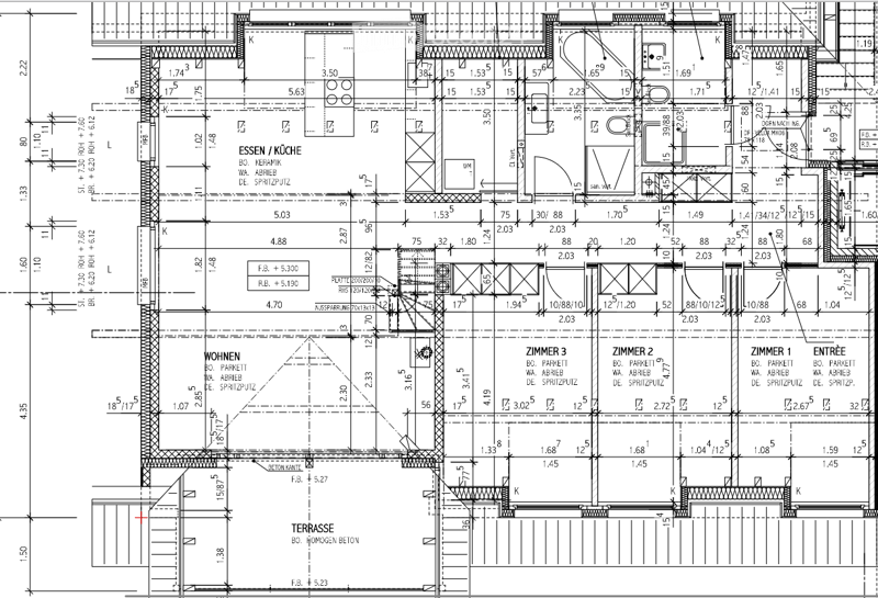 Floor plan of a residential space with labeled rooms including a kitchen, living area, three bedrooms, entrance, and a terrace.