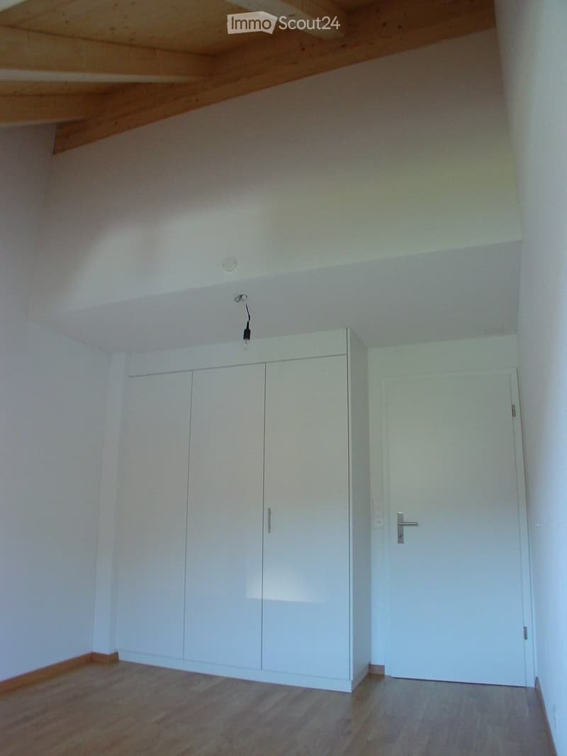 Empty room with white walls, wooden floor, white built-in closet, and a closed white door.